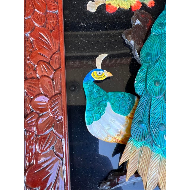 1950s Vintage Chinese Carved Shell and Lacquer Peacock WallHang Artwork, Circa 1950’s For Sale - Image 5 of 18