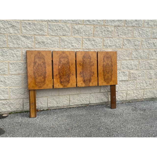 Lane mid-century burl wood headboard. Unmarked. Burl veneer construction with high-contrast grain pattern across four...
