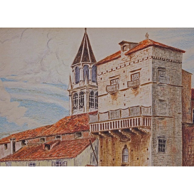Portugal Riverfront Framed Color Pastel Drawing Rabelo Boat Signed Percy 1932 Vintage Portuguese Cityscape Art For Sale In Philadelphia - Image 6 of 6