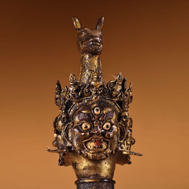 Art Deco Monumental Vintage Gilt Bronze Phurba Dagger - Tibetan Mahakala / Hayagriva Ritual Dagger, 26" For Sale - Image 3 of 9