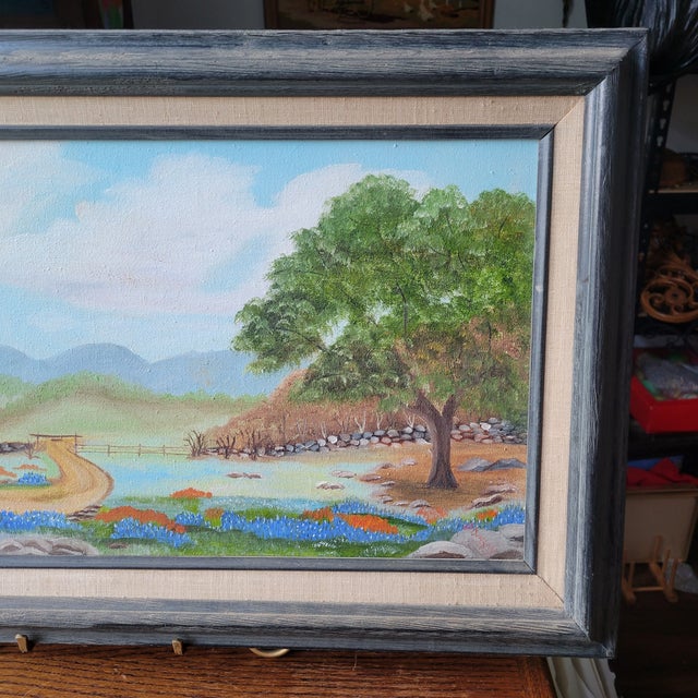 1980s Tx Bluebonnets Landscape Oil Painting Signed 29x17" Frame Linen Matt 24 X 12 Art For Sale - Image 4 of 16
