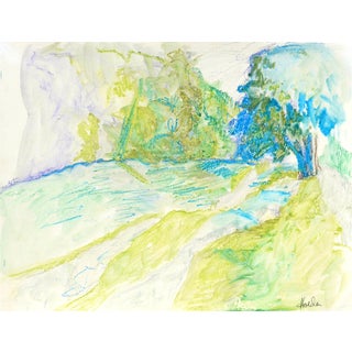 "A River in France" Contemporary Abstract Landscape Oil Pastel Drawing by Martha Holden For Sale