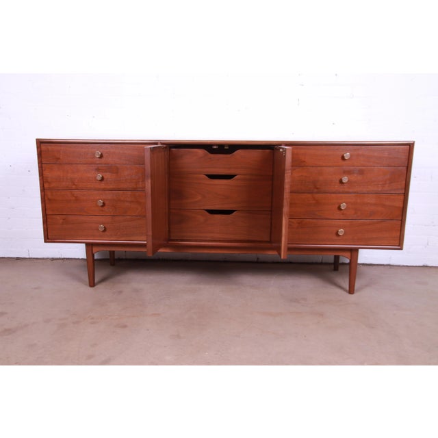 Brown Mid 20th Century Kipp Stewart for Drexel Declaration Walnut Long Dresser, Newly Refinished For Sale - Image 8 of 13