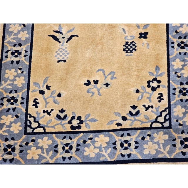 Textile Vintage Chinese Art Deco Rug, Hand-Knotted Wool, Tan & Blue, 1900s, 4' x 7' For Sale - Image 7 of 14
