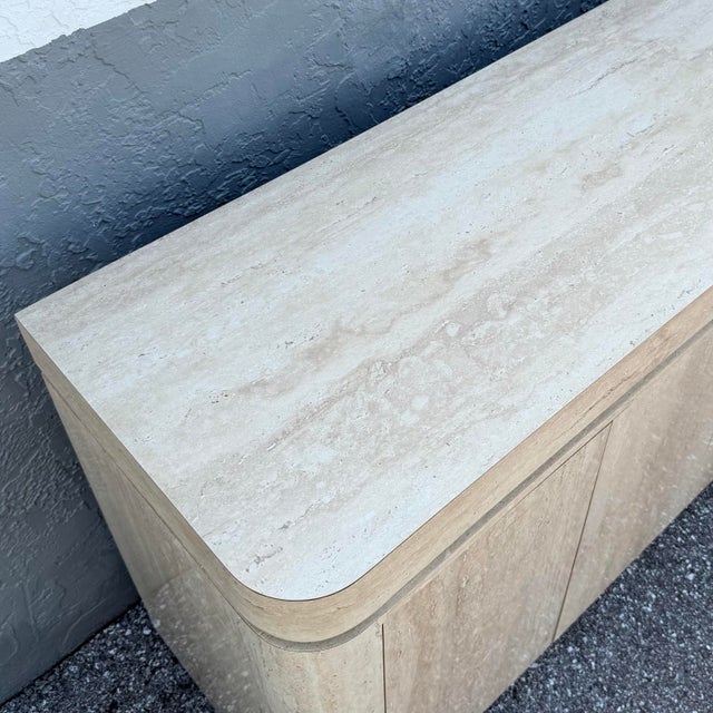 1980s Postmodern Faux Travertine Laminate Credenza With Gold Accent For Sale - Image 5 of 8