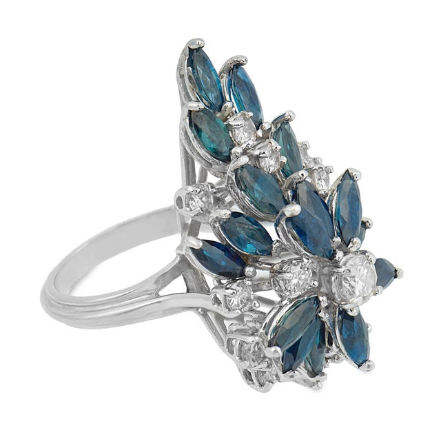 Vintage Diamond Sapphire 14k White Gold Cocktail Ring, Size 5.5 For Sale - Image 4 of 6