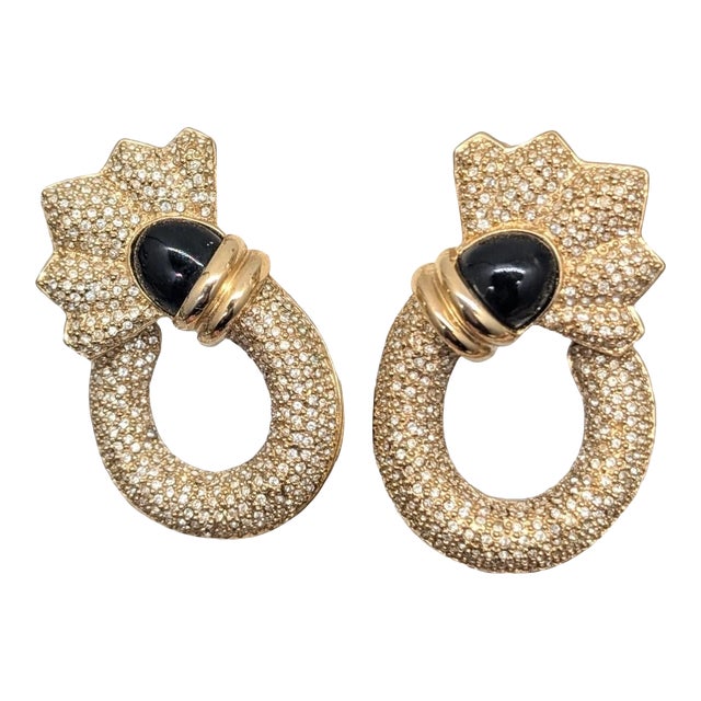 Vintage 1980s Signed Guy Laroche Paris Pavé Clear Rhinestones & Faux-Onyx Clip Earrings-2 Pieces For Sale