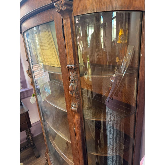 Antique Oak Curved Front China Cabinet W/Claw Feet For Sale - Image 4 of 4