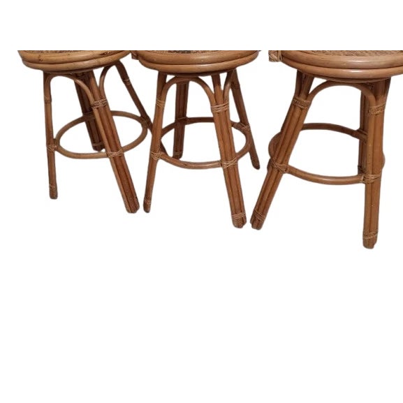 1980s 1980s Bamboo Wicker Rattan Swivel Barstool Honey Color Set of 3 For Sale - Image 5 of 7
