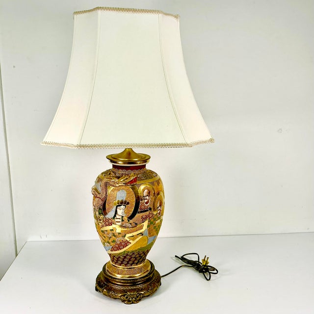 Vintage Hand Painted Japanese Satsuma Moriage Ironstone Table Lamp With Raised Relief Dragon For Sale - Image 17 of 17