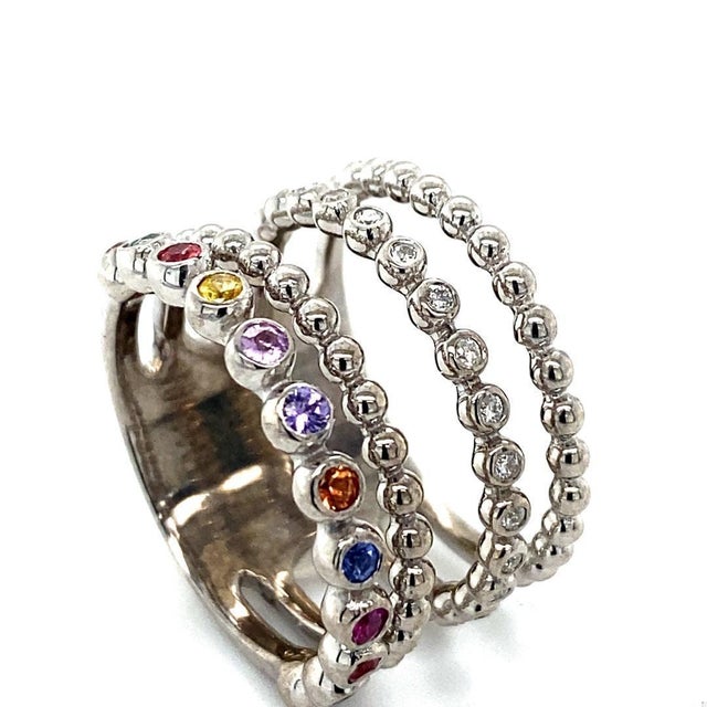Early 21st Century Multi Color Sapphire Diamond White Gold Stacked Band, Size 7 For Sale - Image 5 of 9