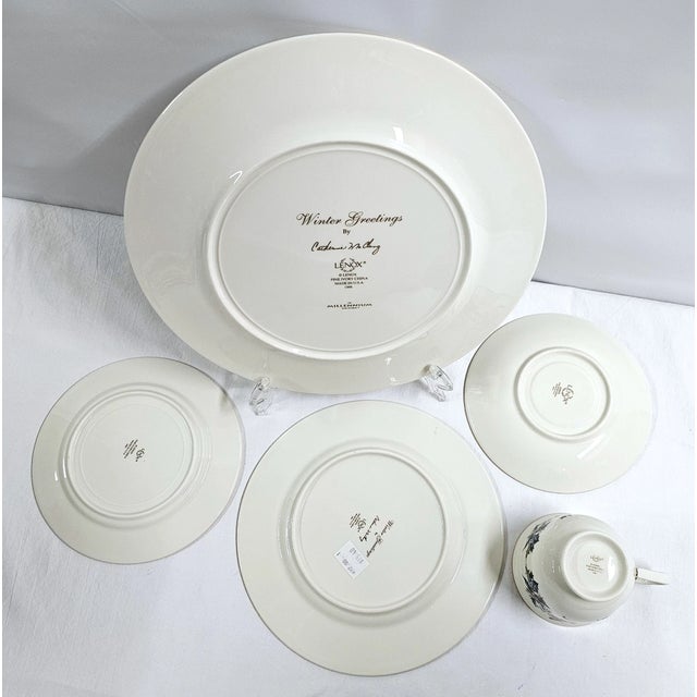 Lenox 1990s Lenox Winter Greetings 5p Place Setting Dinner Salad Bread Plate Cup Saucer For Sale - Image 4 of 5