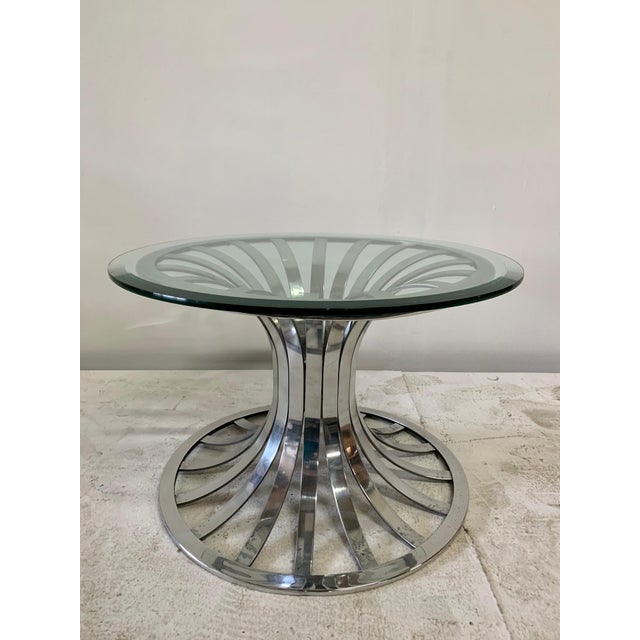 Vintage Russell Woodard Polished Aluminum Side Table w/ Glass Top For Sale - Image 17 of 18