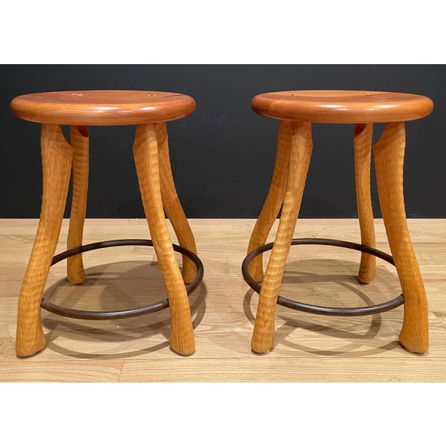 Mid-Century Modern Pair of Bradford Woodworking Ax Handle Dining Stools For Sale - Image 3 of 6