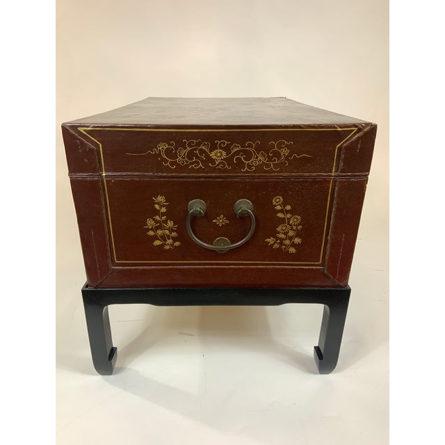 Wood Vintage Chinese Leather Painted Trunk Coffee Table With Wood Stand, Glass Top For Sale - Image 7 of 12