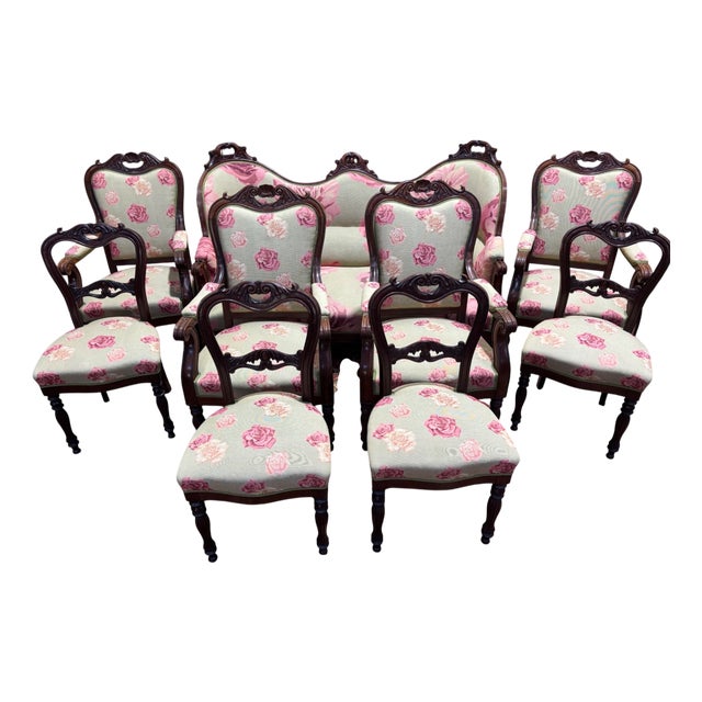 Napoleon III Living Room Set in Mahogany with Rose Fabric, Set of 9 For Sale
