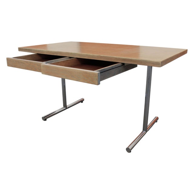 Off-white Vintage Mid-Century Modern Whitewashed Oak Desk With Chrome Pedestal Legs – Restored For Sale - Image 8 of 12