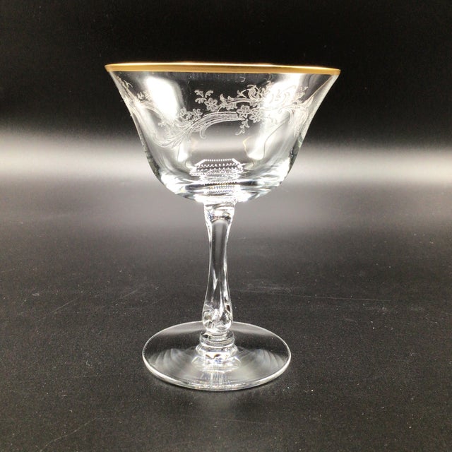 Wonderful Fostoria fine etched champagne or sherbet coupes with a gold rim and Fostoria’s golden lace pattern.
