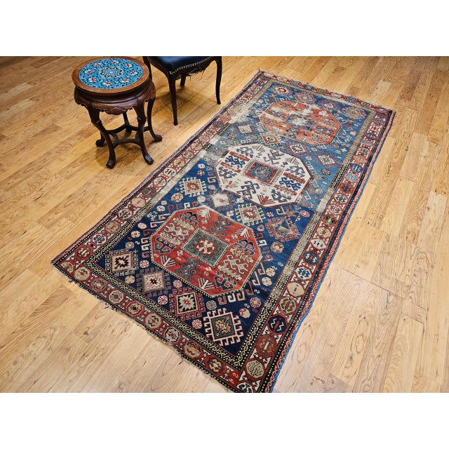 Antique Caucasian Kazak Rug, Medallion Pattern, Hand-Knotted Wool, Blue & Red, 4' x 8' For Sale In Chicago - Image 6 of 16