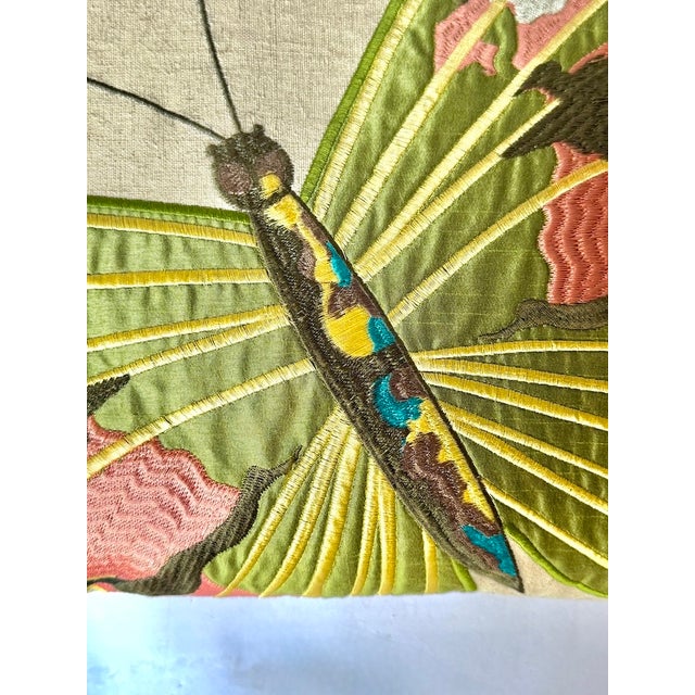 Textile Vintage Silk Embroidered Butterfly Linen Pillow For Sale - Image 7 of 11