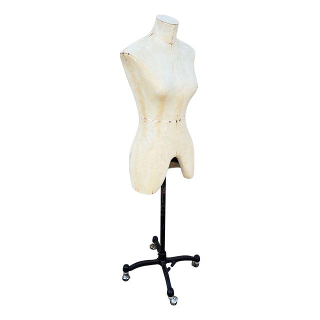 Adult Female White Linen Dress Form Mannequin on Iron Base W/ Wheels Size 8 For Sale