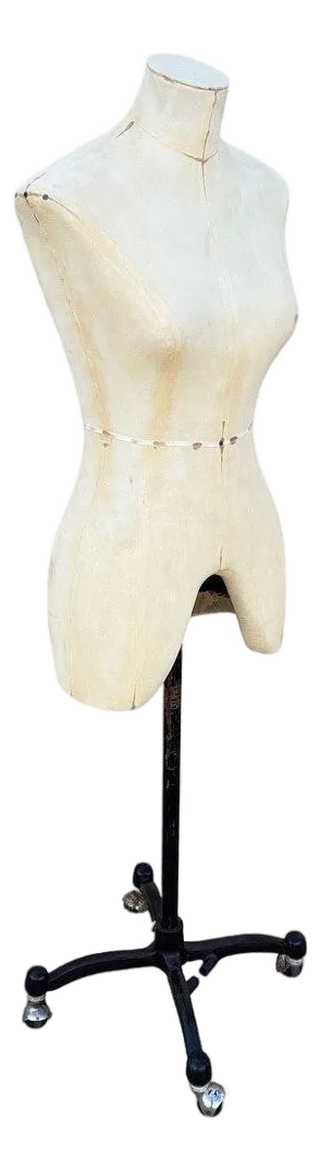 Adult Female White Linen Dress Form Mannequin on Iron Base W/ Wheels Size 8