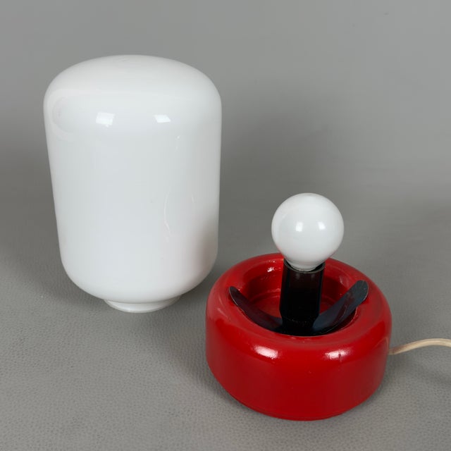 Red Space Age White Opal Glass Capsule Table Lamp with Red Wood Base, 1970s For Sale - Image 8 of 15