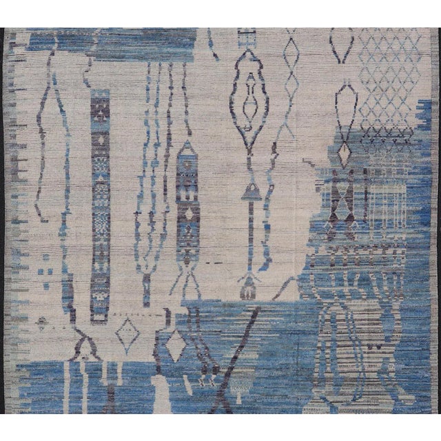 Tribal Large Afghan Modern Contemporary Abstract Rug in White and Shades of Blue 12'6 X 15'6 For Sale - Image 3 of 7