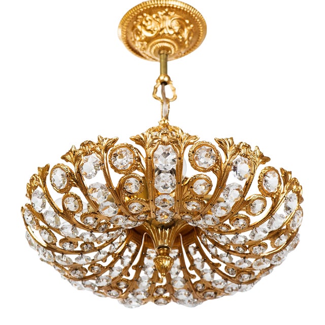 1960s Gilt Brass & Faceted Crystal Pendant Lamp For Sale