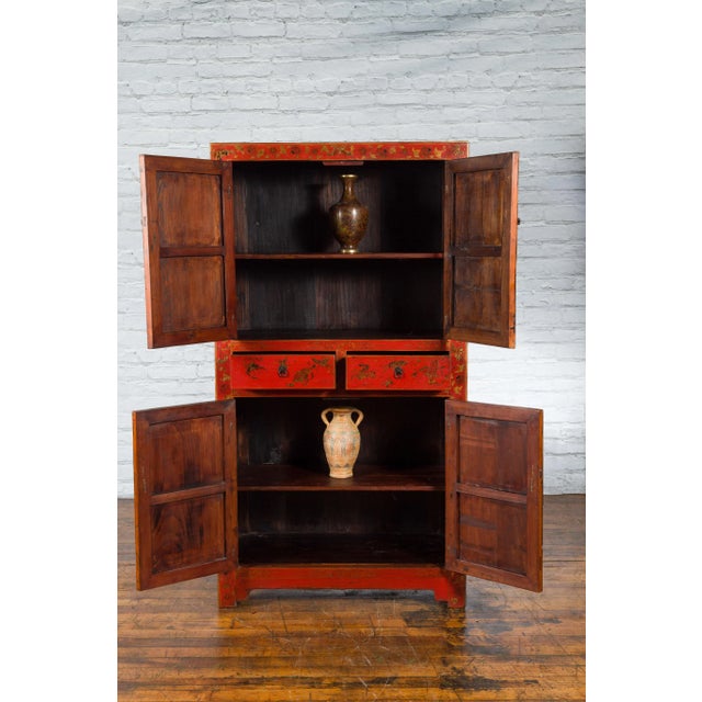 19th Century Chinese Qing Dynasty Red Lacquer Butterfly Décor Cabinet For Sale - Image 11 of 13