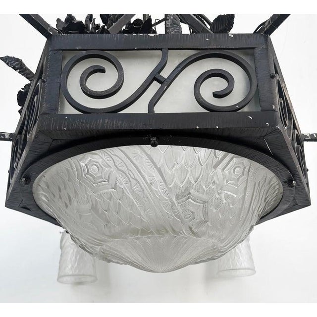 Art Deco French Art Deco Wrought Iron, Glass Chandelier, Muller Freres Attributed, C1930 For Sale - Image 3 of 13