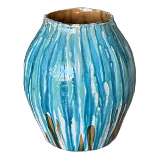 Turquoise Drip Italian Ceramic Vase For Sale