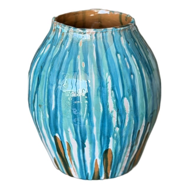 Turquoise Drip Italian Ceramic Vase For Sale