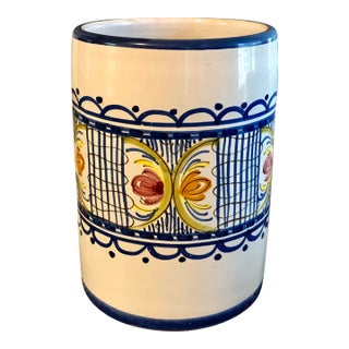 Vintage Hand Painted Rustic Glazed Ceramic Utensil Canister Vessel or Wine Bottle Holder, Puente Del Arzobispo, Toledo Spain For Sale