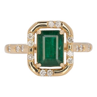 1.6Ct Aaa Zambian Emerald Ring With Natural Diamonds Accents: Solid 14k Gold, Size 6.75 For Sale