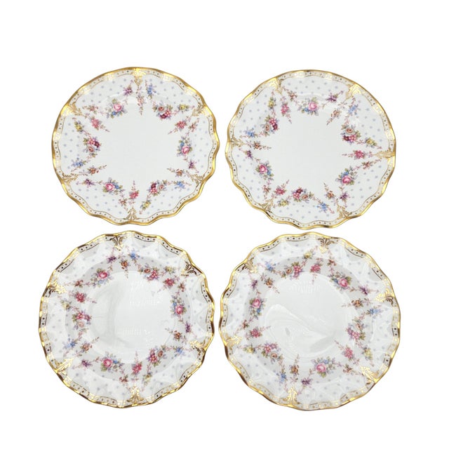 English Mid 20th Century Royal Crown Derby “Royal Antoinette” Bone China Salad Plate – Hand Gilded English Porcelain 8" - Set of 4 For Sale - Image 3 of 11