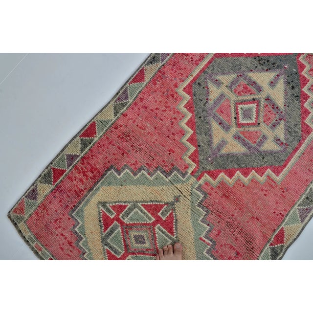 Turkish Vintage Anatolian Wool Runner, Hand-Woven Rug With Vibrant Pink and Geometric Motifs For Sale - Image 3 of 10