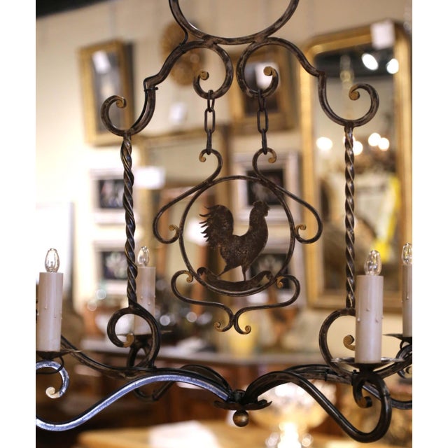 Late 20th Century French Hand-Forged Polished Iron Six-Light Rooster Chandelier For Sale - Image 4 of 8