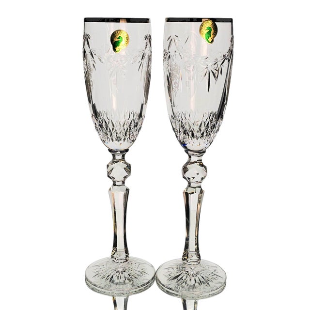 Waterford Late 20th Century Waterford Cherished Moments Platinum Rim Crystal Champagne Flutes, Pair For Sale - Image 4 of 13