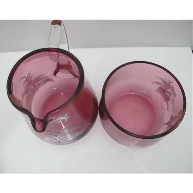 Mary Gregory Czech Red Glass Enamel Figural Painted Creamer Pitcher & Sugar Bowl For Sale - Image 4 of 16