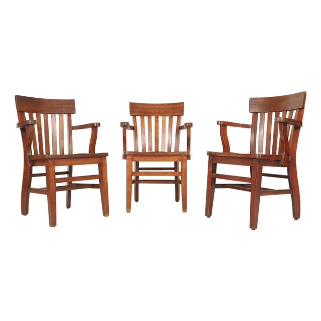 Mid 20th Century Vintage Slat Back Wooden Bankers Chairs- Set of 3 For Sale