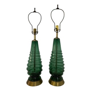 Mid-Century Modern Hand Blown Green Glass Swirl Table Lamps C.1960 - a Pair For Sale