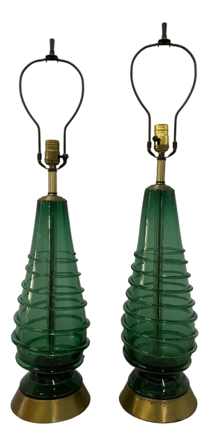 Mid-Century Modern Hand Blown Green Glass Swirl Table Lamps C.1960 - a Pair