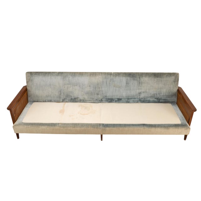 1960s Mid Century Modern Caned Walnut Velvet Long Sofa for Reupholstery 101" For Sale - Image 9 of 16