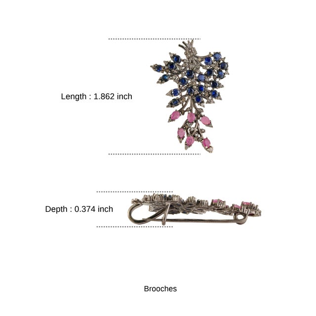 Late Victorian Style 5 Ct Blue Sapphire, Ruby & Diamond Jeweled Spray Brooch Pendant For Sale - Image 12 of 14
