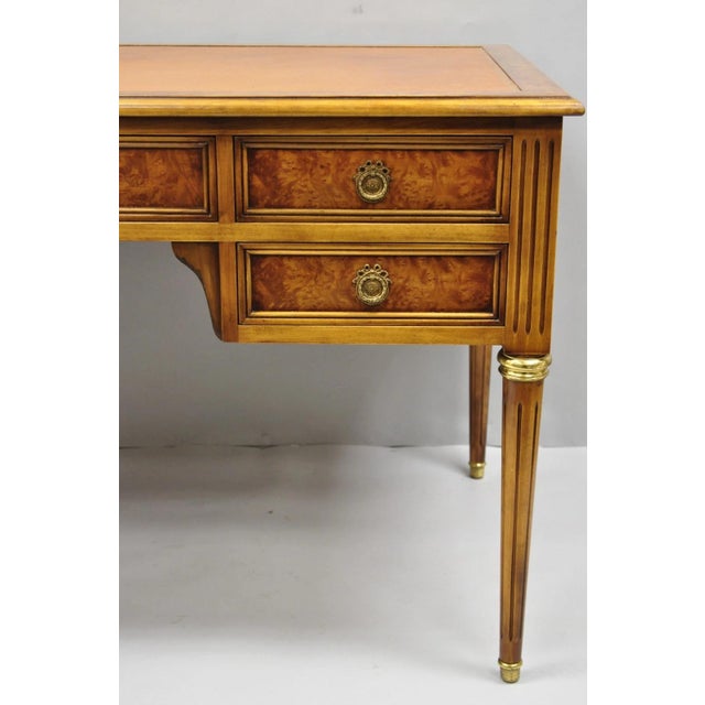 Vintage French Louis XVI Style Burl Walnut Tooled Leather Top Writing Desk For Sale - Image 4 of 18