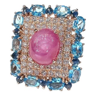 Bochic “Capri” Ruby & Topaz & Blue Topaz Ring Set In 18K Gold & Silver For Sale