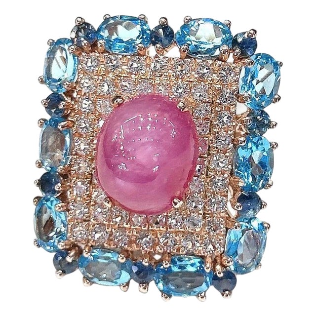 Bochic “Capri” Ruby & Topaz & Blue Topaz Ring Set In 18K Gold & Silver For Sale