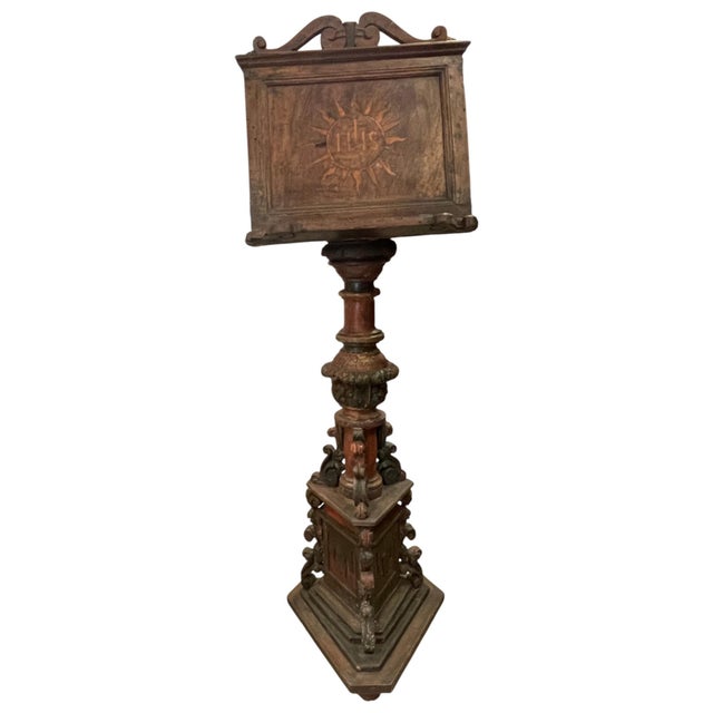 Spanish Antique European Carved & Polychrome Wood Ecclesiastical Lectern With Ihs Christogram For Sale - Image 3 of 16