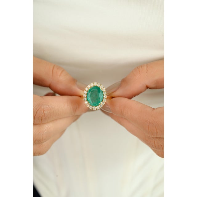 Not Yet Made - Made To Order 14k Gold Oval Cut Big Emerald Halo Diamond Ring Size 6 For Sale - Image 5 of 12